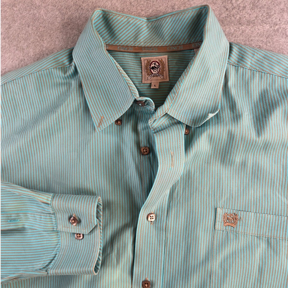 Cinch Button Down Shirt Mens Large Teal Tan Striped Western Long Sleeve Cotton